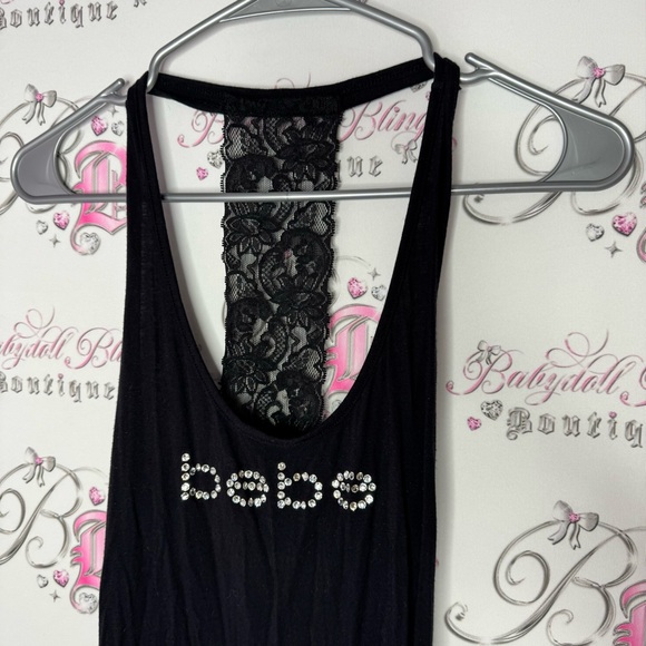 Bebe tank top lace racer back black cinched sides bling Swarovski crystal logo - Picture 7 of 7